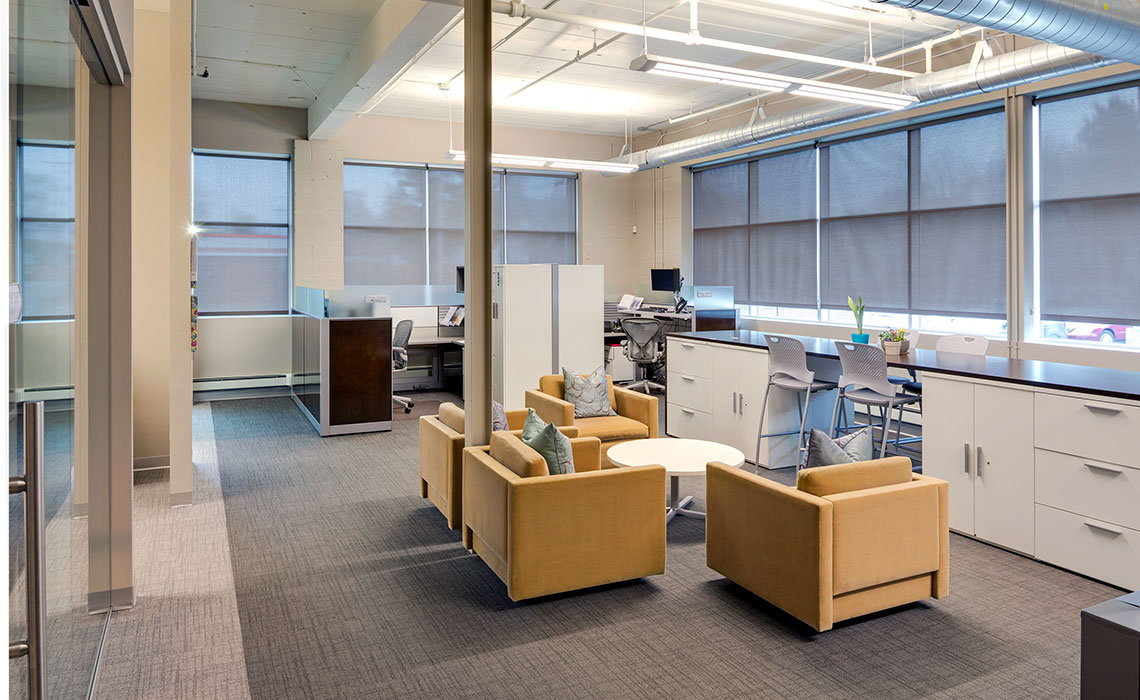 A lounge area at the Minnesota Board of Cosmetology offices gives staff a space to escape from their desks.